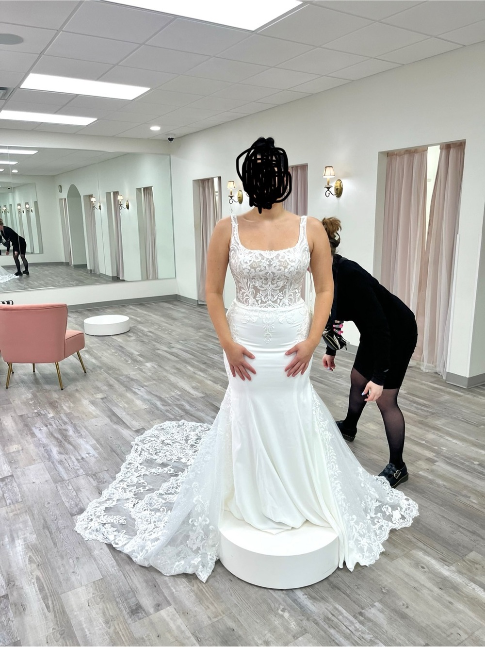 David's Bridal White Lace Fit-and-Flare Wedding Dress
